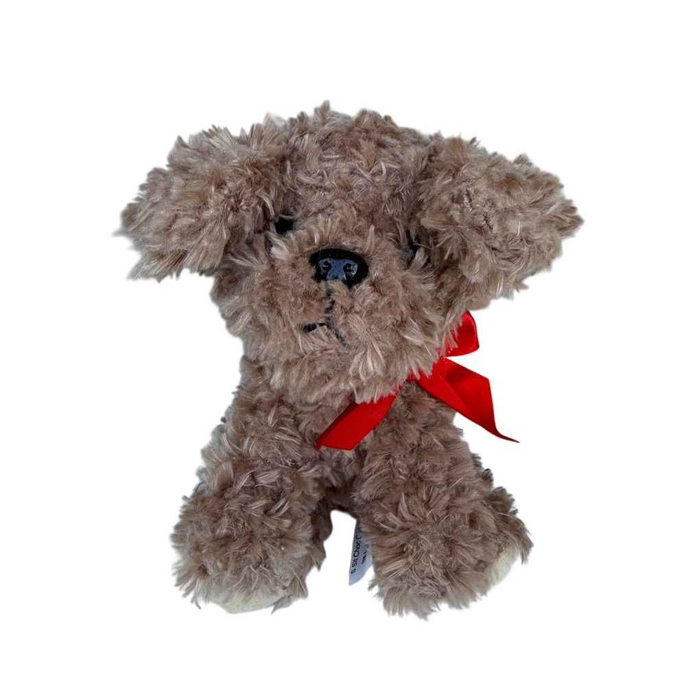Vintage‎ Style Brown Shaggy Puppy Dog Plush Stuffed Animal with Red Bow 8"